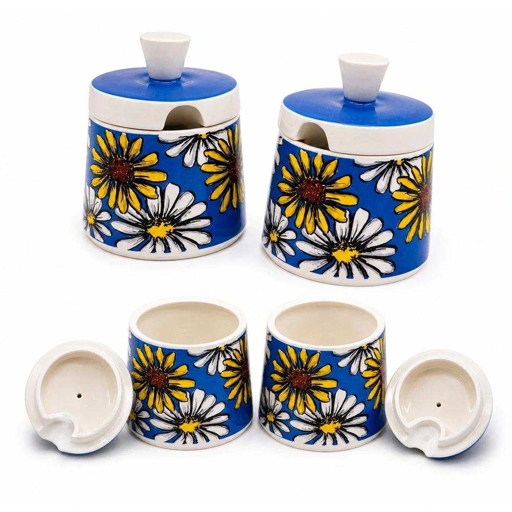 Vintage W. Goebel 1963 Germany Sugar Creamer Set Blue Daisy Floral Ceramic
